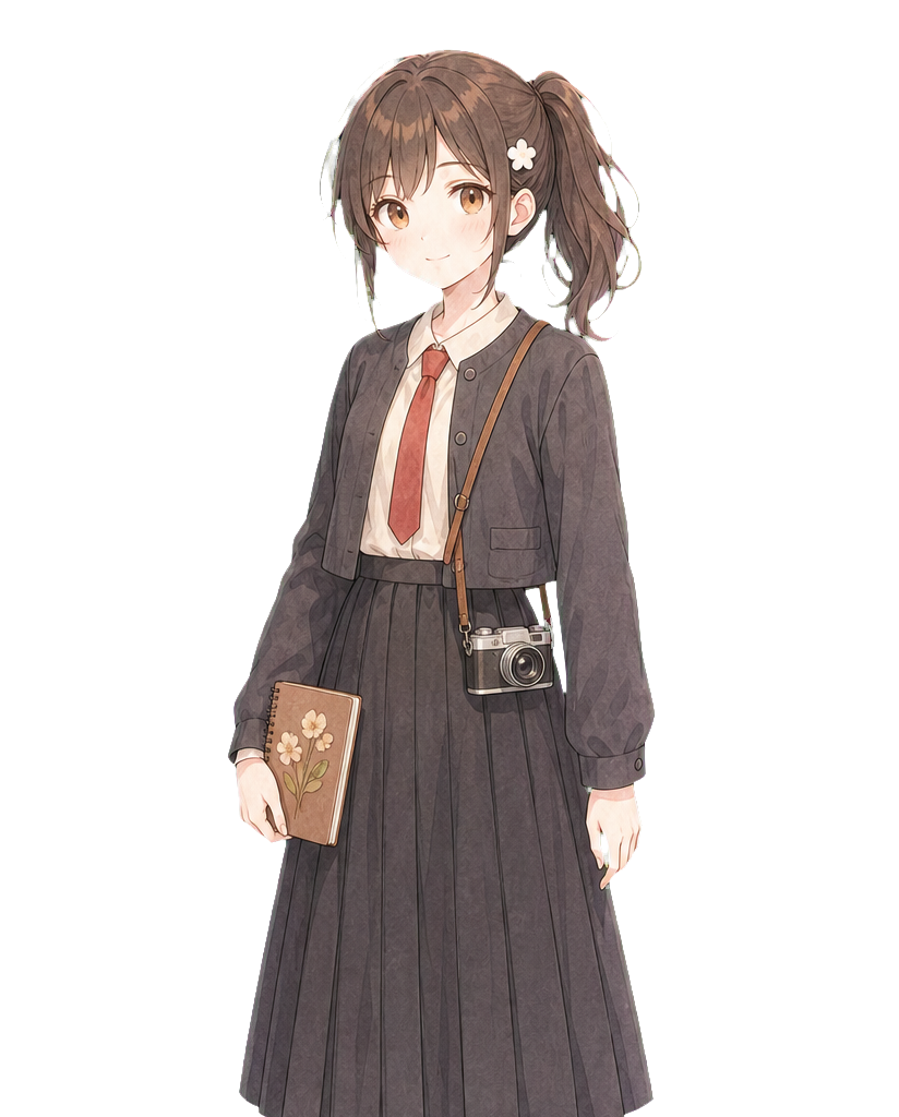 花の髪留めを付け、カメラと押し花ノートを持ったsaku