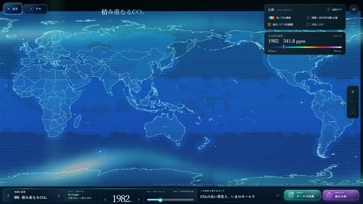 地図モード「積み重なるCO₂」の実装画面。世界地図、濃度の色分け、年代スライダー、データの出典と統計分析の操作部。