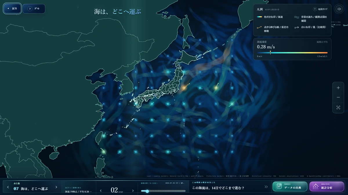 地図モードの実装画面。海流の速さと向きを色付きの矢印や線で表現している。