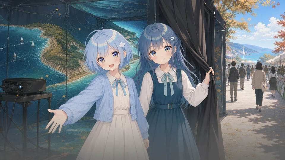 ゲーム本編で使用している、二人の登場人物が展示ブースへ迎え入れるシーンのイラスト。