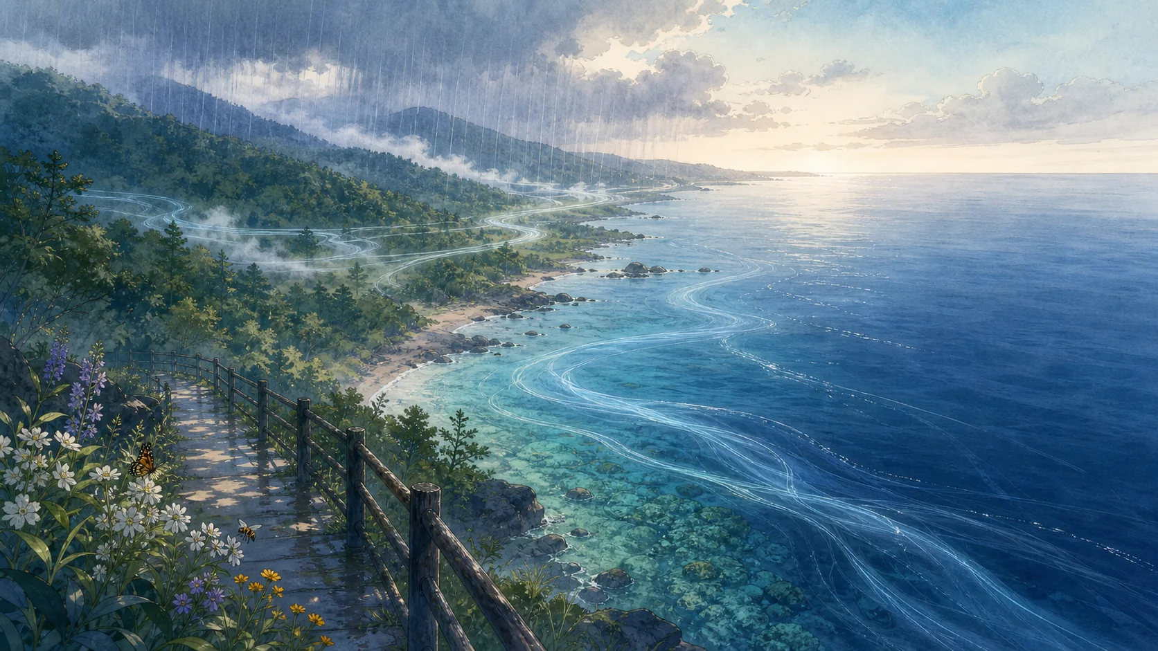 海流が森の雨と花の生命へつながる海岸の風景