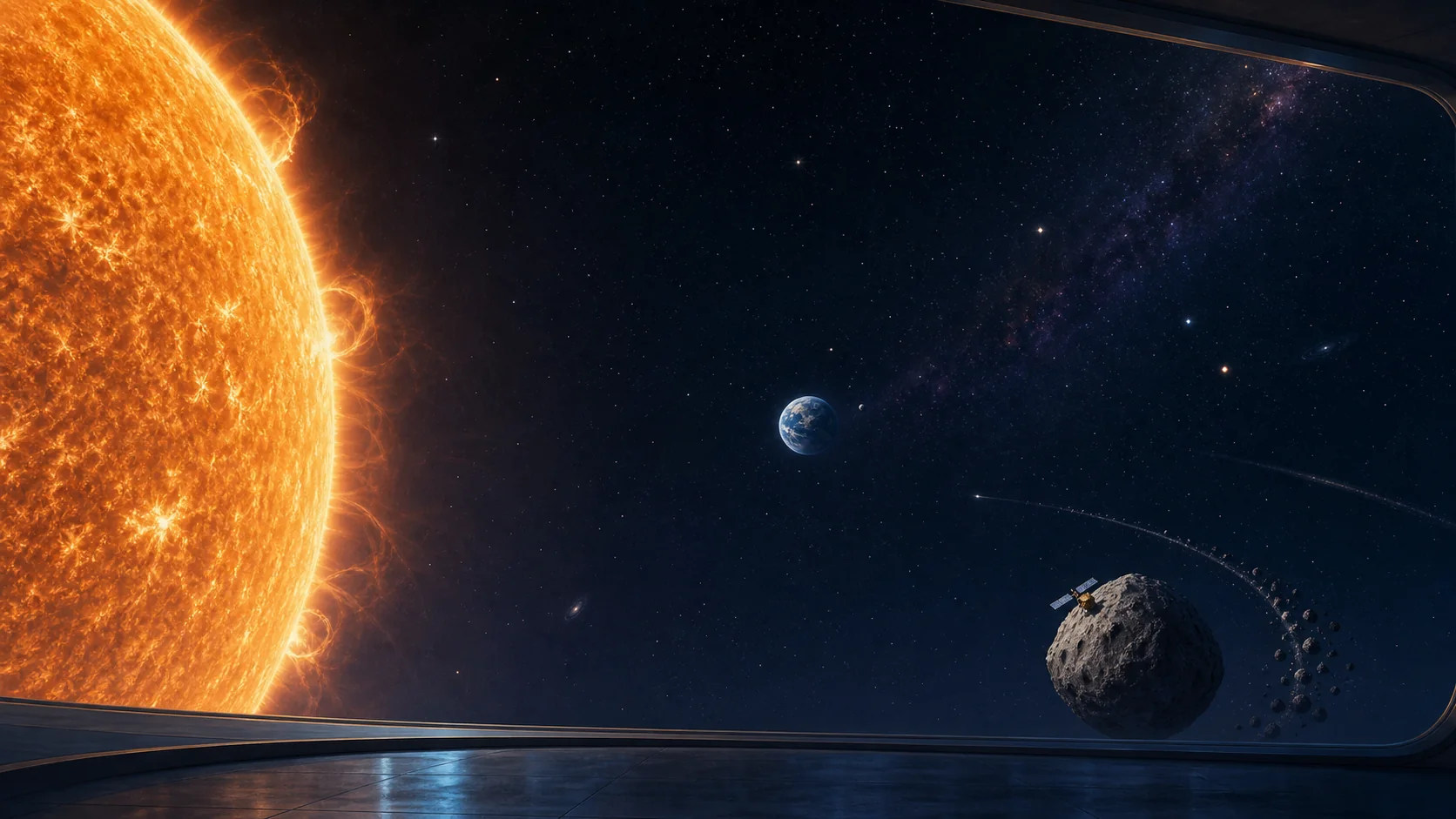 巨大な太陽、遠くの地球、小惑星リュウグウと探査機を見渡す宇宙の風景
